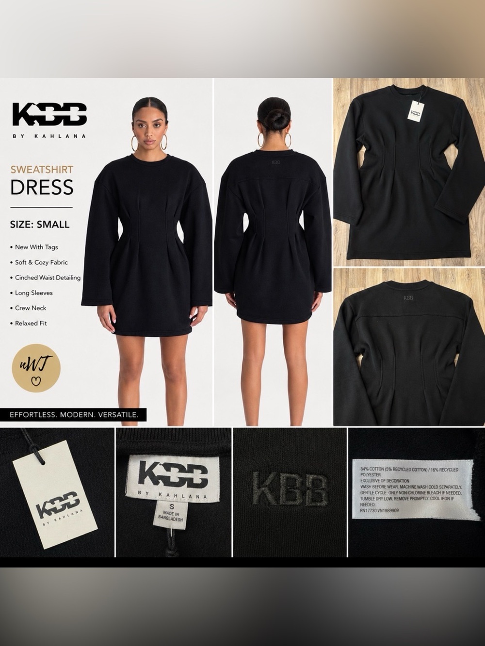 NWT KBB by Kahlana Black Cinched Waist Sweatshirt Dress Size Small